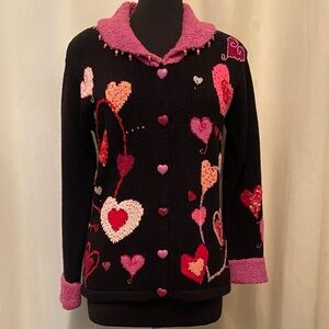 Storybook Knits Black Cardigan with Pink and Red Hearts